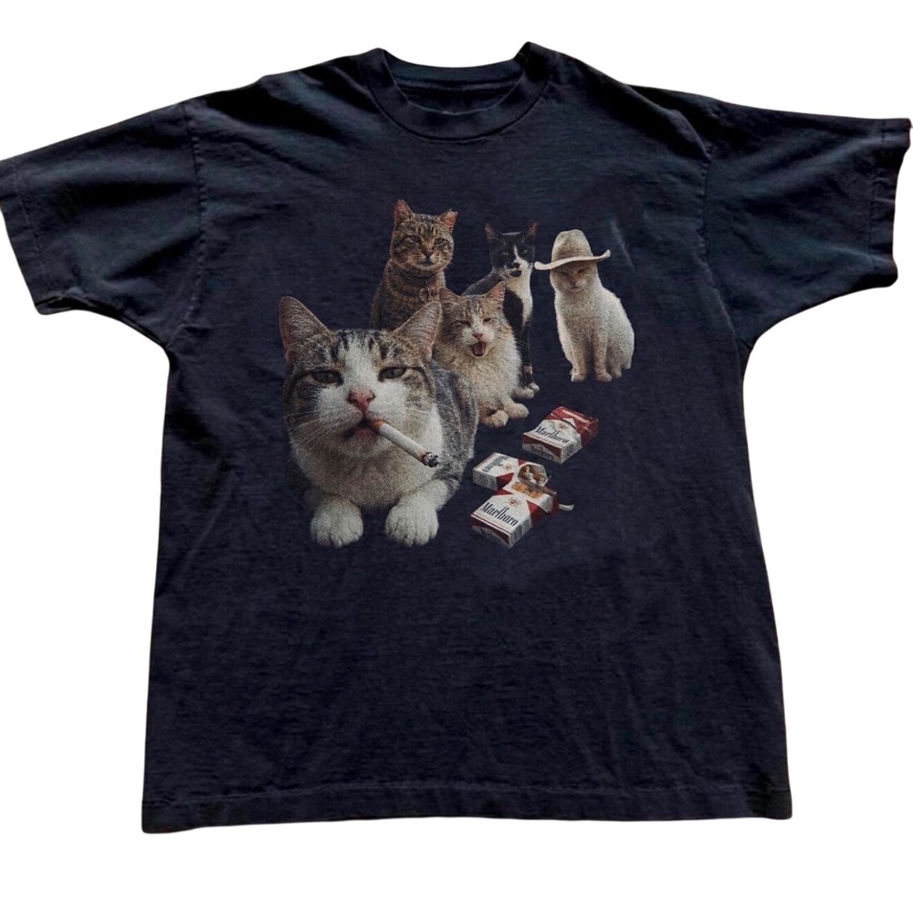 Gildan Cats Smoking Marlboro Cigarettes Black Graphic T-Shirt Unisex Cotton
